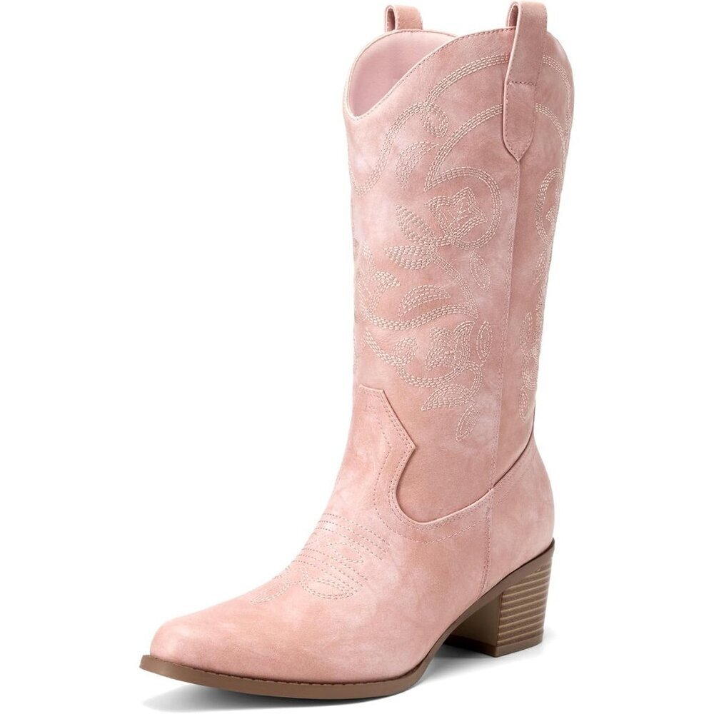 Dream Pairs Women's Light Pink Cowgirl Western Boot Embroidery Mid Calf Boots